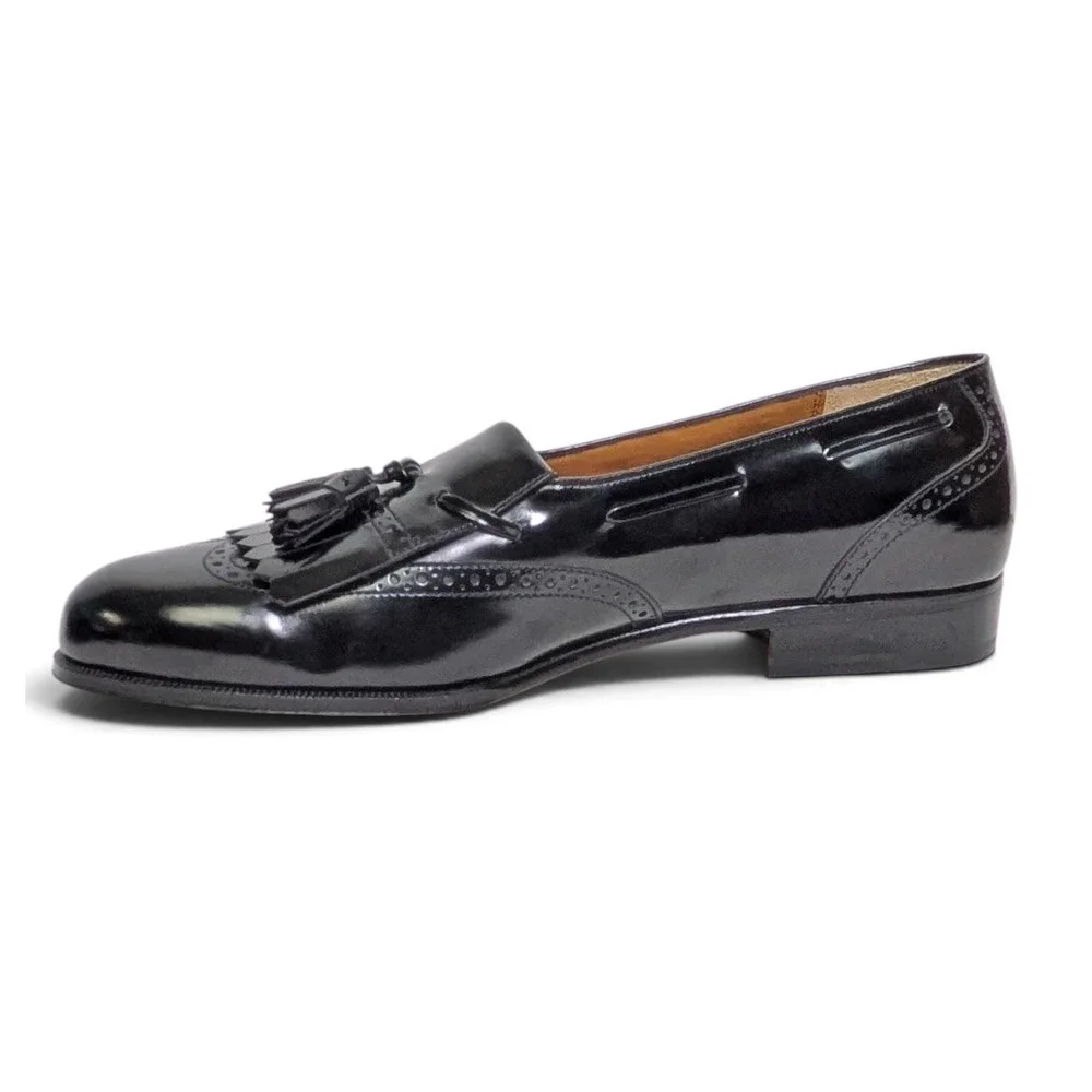Salvatore Ferragamo Black Patent Tassel Kiltie Loafers Mens 9.5 D Italy NWOB
